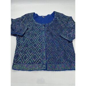 Free People Blue Sequin Mermaid Cardigan Size Small Wool Blend Oversized
